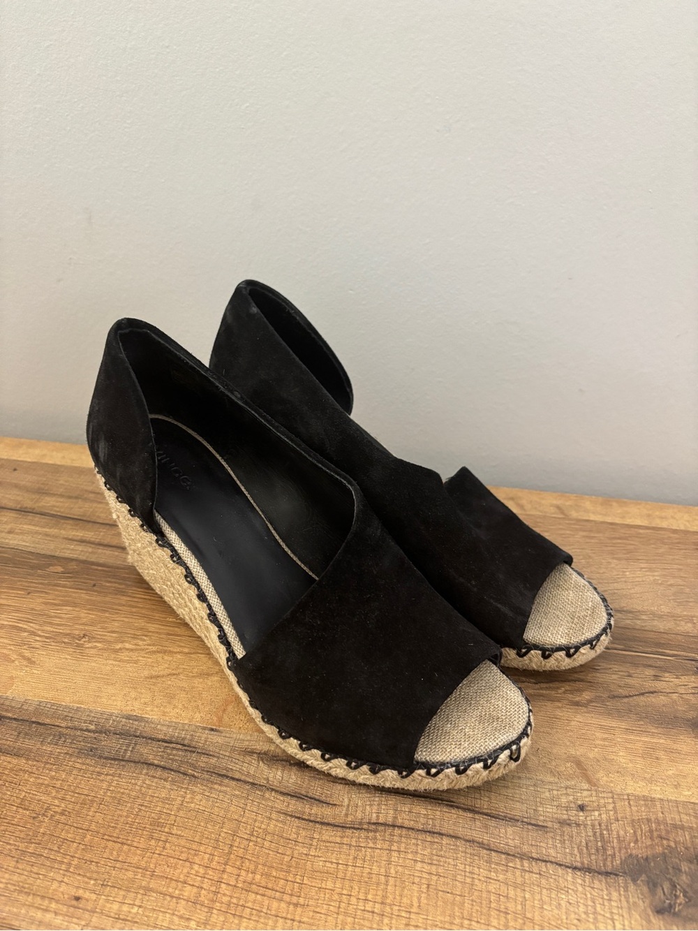 Vince Sonora Jute Platform Wedge Espadrille Peep Toe Sandal Black Suede